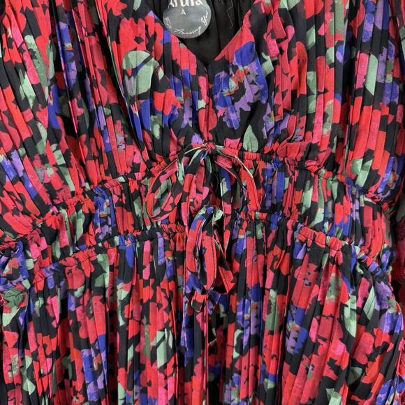 Arula New Black Floral Pleated Mini Dress 1X Long Balloon Sleeve Ruffle Cuffs - Picture 4 of 15